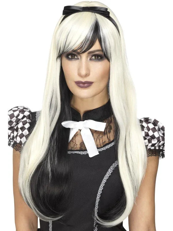 Peluca Larga Blanca y Negra con Lazo Premium Accesorios Halloween Smiffys